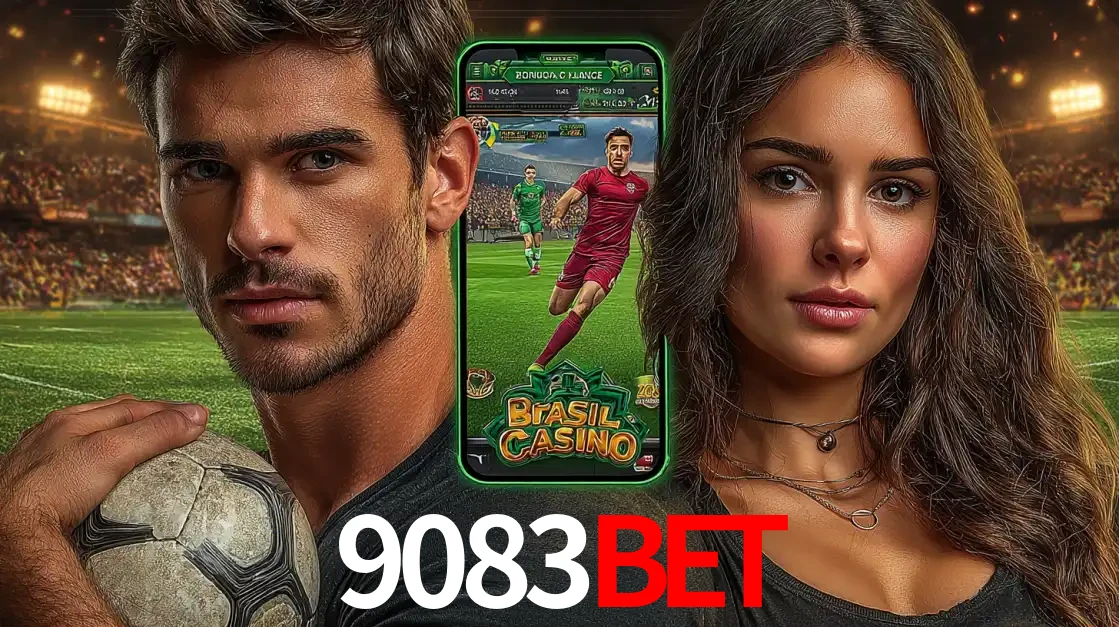 Homem segurando uma bola de futebol e uma mulher ao lado de um smartphone exibindo o jogo de apostas esportivas da 9083BET. Faça seu palpite no cassino online.